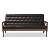 Baxton Studio Sorrento Mid-century Retro Modern Brown Faux Leather Upholstered Wooden 3-seater Sofa
